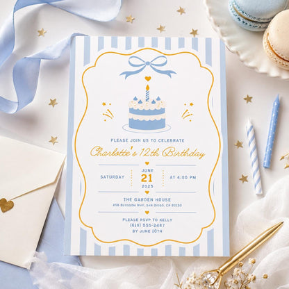 Editable Cake Birthday Invitation Canva Template, Pink Red Retro Girls Cake Cute Fun DIY Chic Kids Party Invite, Printable Digital Download.