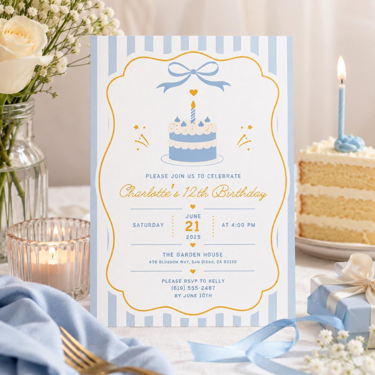 Editable Cake Birthday Invitation Canva Template, Pink Red Retro Girls Cake Cute Fun DIY Chic Kids Party Invite, Printable Digital Download.