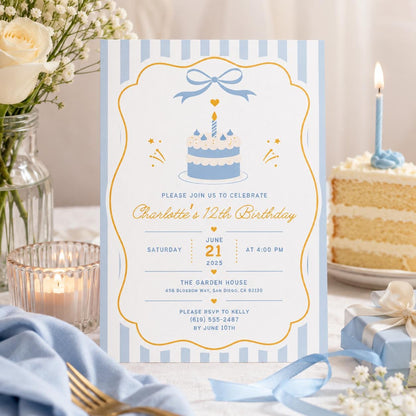Editable Cake Birthday Invitation Canva Template, Pink Red Retro Girls Cake Cute Fun DIY Chic Kids Party Invite, Printable Digital Download.