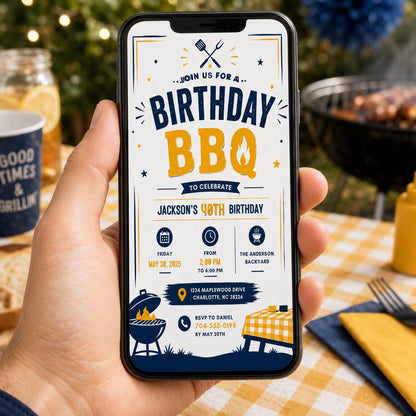 Editable Bbq Birthday Invitation Canva Template, Blue Boys Kids Adult Cute Fun DIY Sweet Chic Teen Party Invite, Printable Digital Download.
