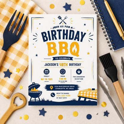 Editable Bbq Birthday Invitation Canva Template, Blue Boys Kids Adult Cute Fun DIY Sweet Chic Teen Party Invite, Printable Digital Download.