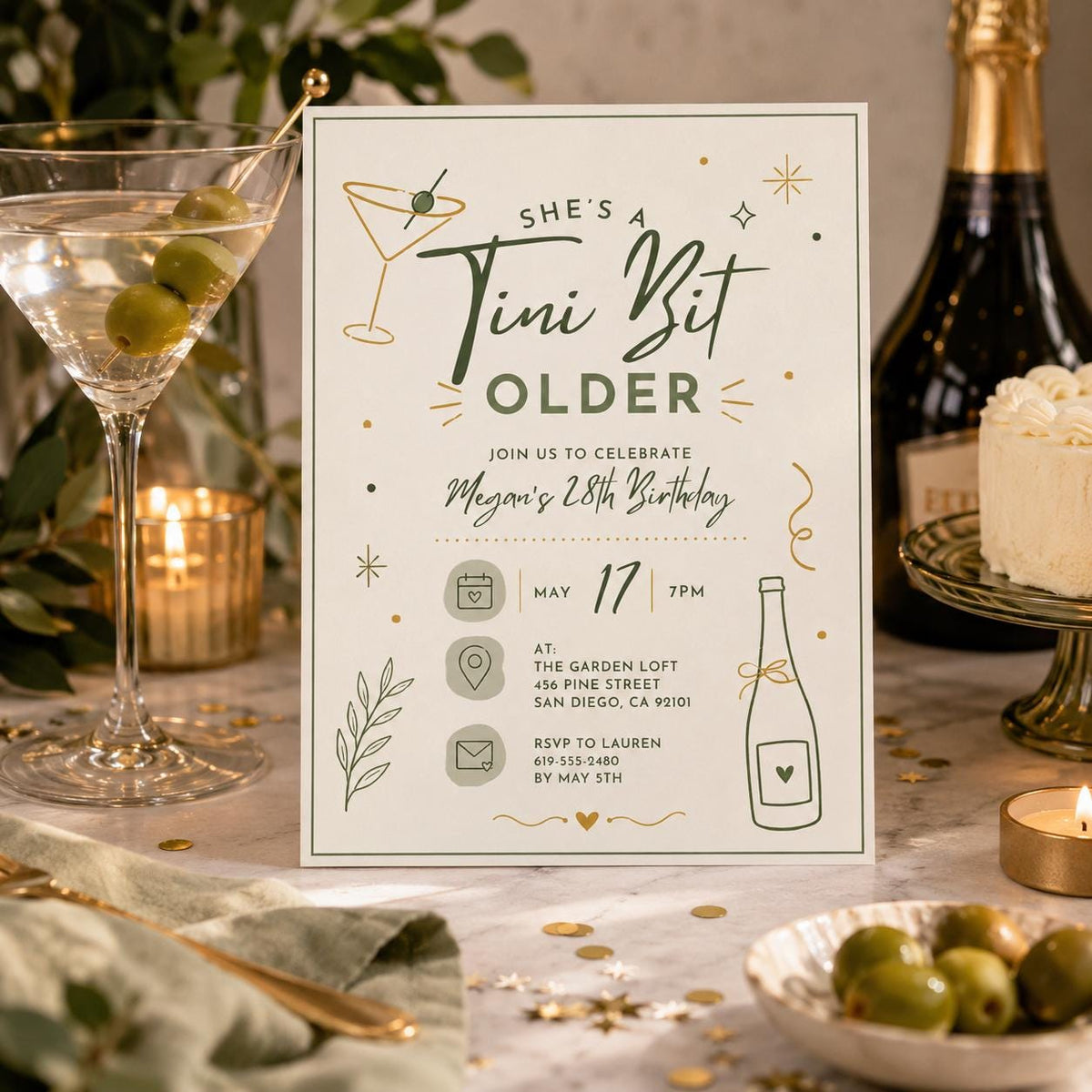 Editable 30th Dirty Martini Birthday Invitation Canva Template, Girls Adult Cute Fun DIY Chic Kids Party Invite, Printable Digital Download.