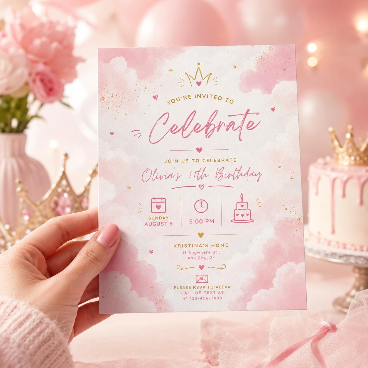 Editable Blush Pink Let Celebrate Baby Shower Invitation Canva Template, Gold Luxury Kids Cute Fun Party Invite, Printable Digital Download.