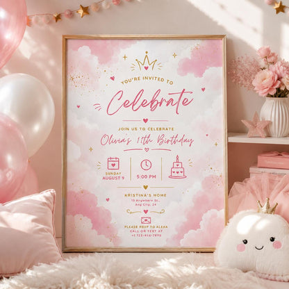 Editable Blush Pink Let Celebrate Baby Shower Invitation Canva Template, Gold Luxury Kids Cute Fun Party Invite, Printable Digital Download.