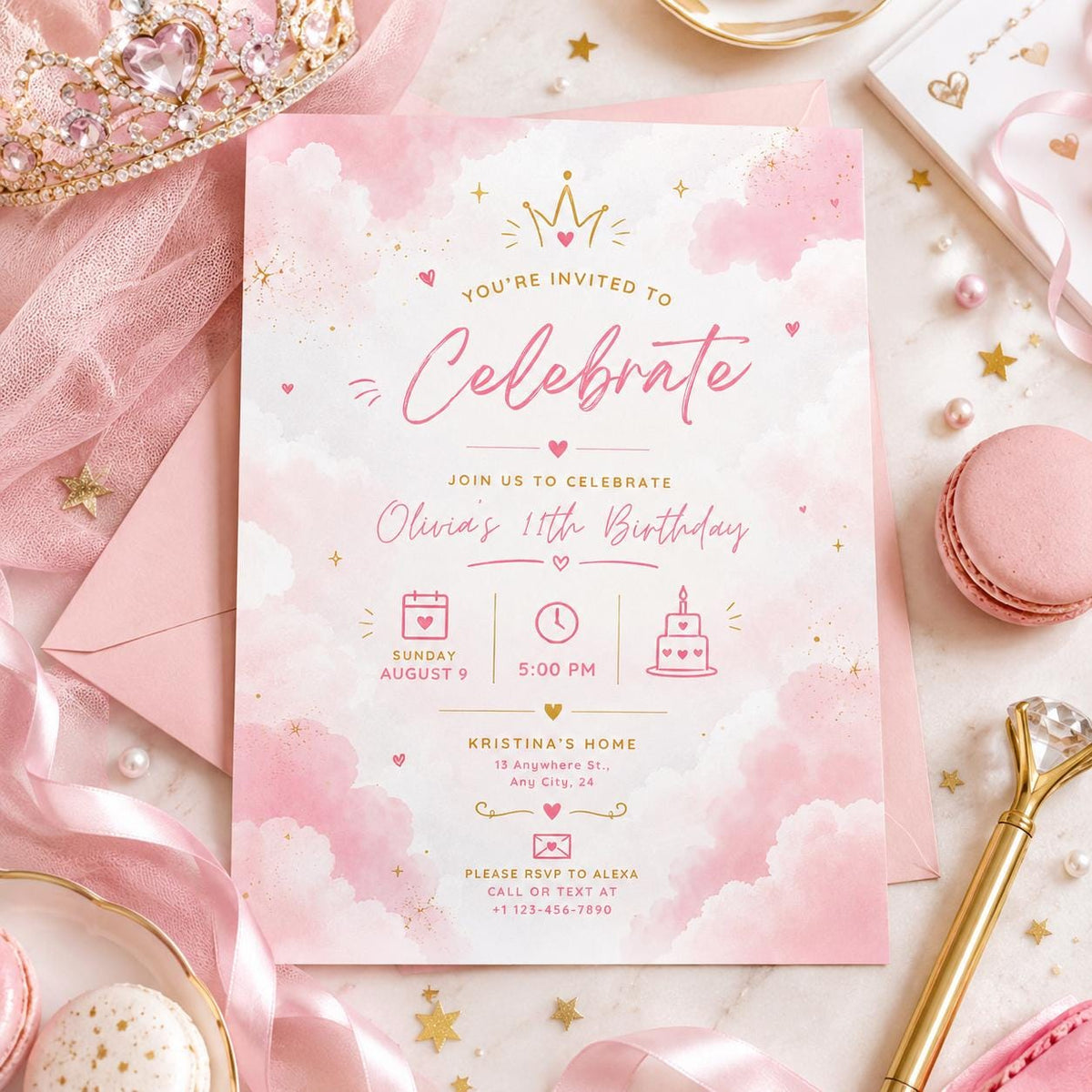 Editable Blush Pink Let Celebrate Baby Shower Invitation Canva Template, Gold Luxury Kids Cute Fun Party Invite, Printable Digital Download.