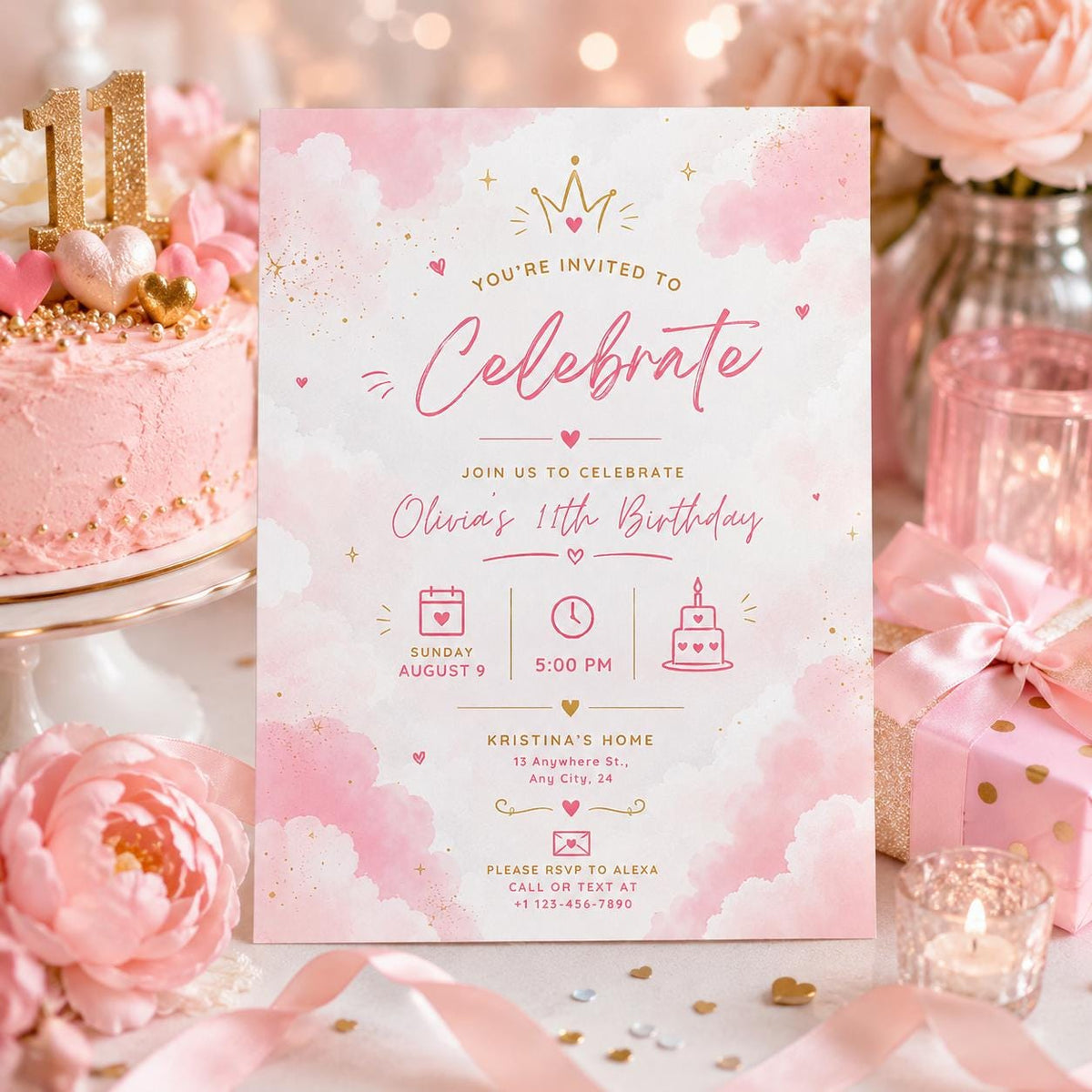 Editable Blush Pink Let Celebrate Baby Shower Invitation Canva Template, Gold Luxury Kids Cute Fun Party Invite, Printable Digital Download.