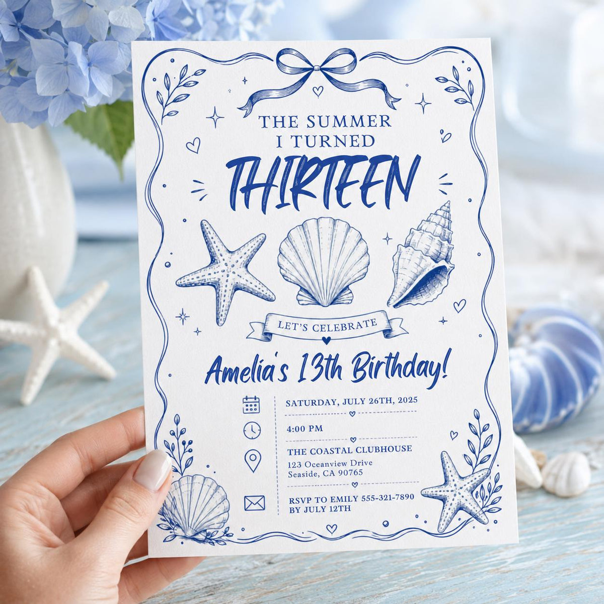 Editable Coastal Birthday Invitation Canva Template, Blue Girls Teens Beach Cute Fun DIY Chic Kids Party Invite, Printable Digital Download.