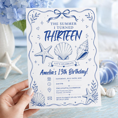 Editable Coastal Birthday Invitation Canva Template, Blue Girls Teens Beach Cute Fun DIY Chic Kids Party Invite, Printable Digital Download.