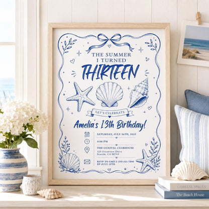 Editable Coastal Birthday Invitation Canva Template, Blue Girls Teens Beach Cute Fun DIY Chic Kids Party Invite, Printable Digital Download.