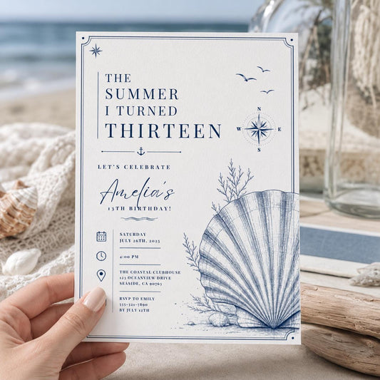 Editable Coastal Birthday Invitation Canva Template, Blue Girls Teens Beach Cute Fun DIY Chic Kids Party Invite, Printable Digital Download.