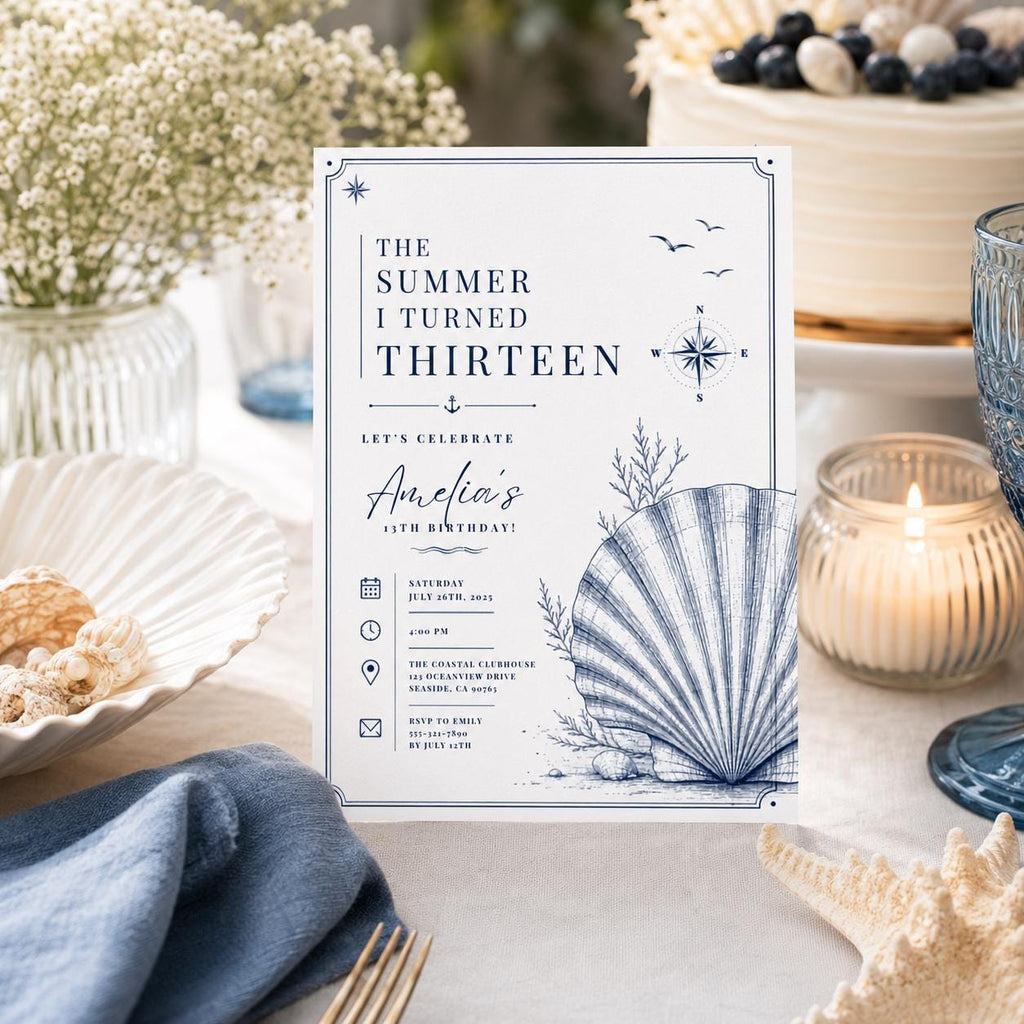 Editable Coastal Birthday Invitation Canva Template, Blue Girls Teens Beach Cute Fun DIY Chic Kids Party Invite, Printable Digital Download.