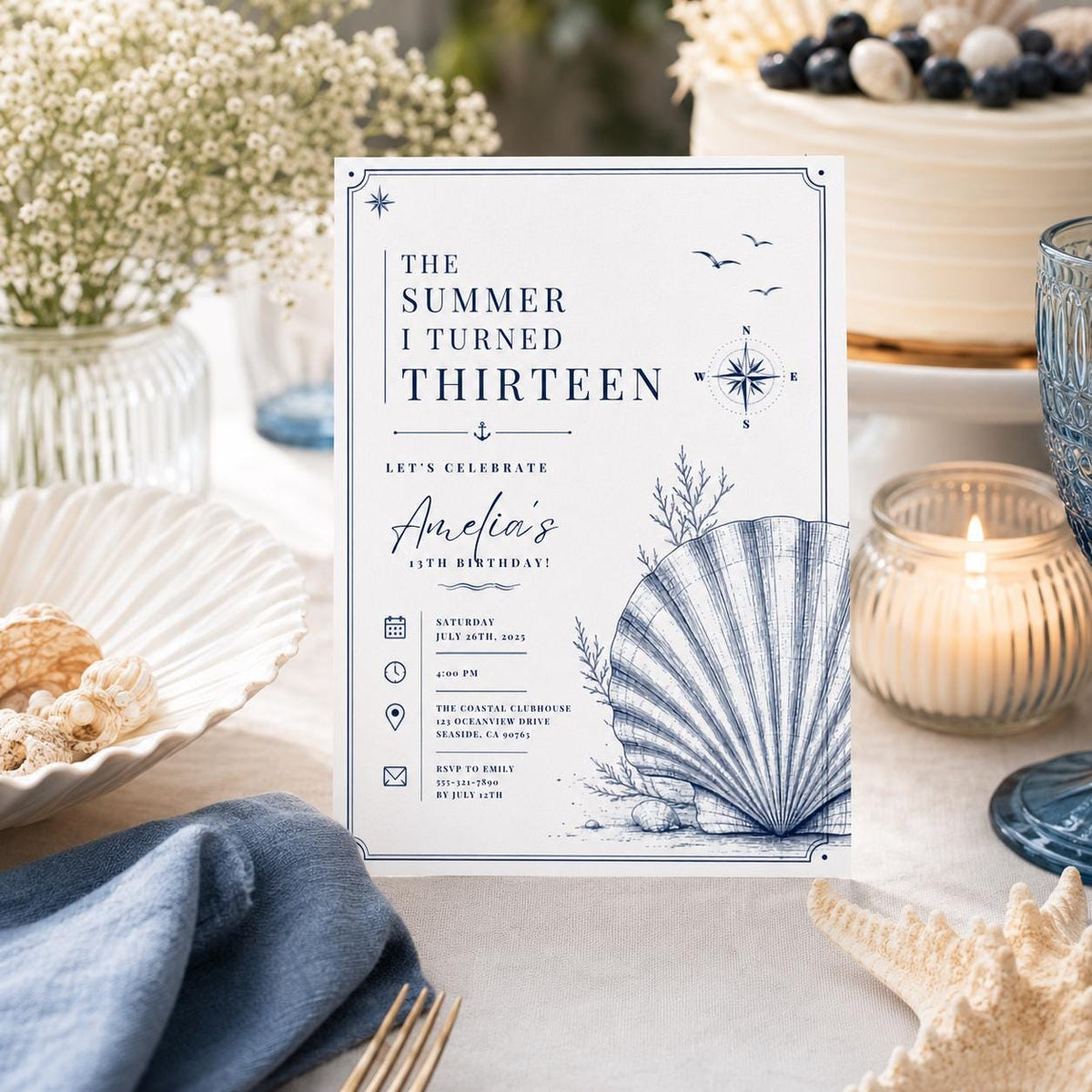 Editable Coastal Birthday Invitation Canva Template, Blue Girls Teens Beach Cute Fun DIY Chic Kids Party Invite, Printable Digital Download.