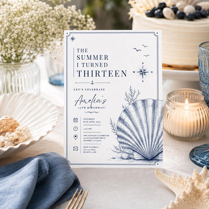 Editable Coastal Birthday Invitation Canva Template, Blue Girls Teens Beach Cute Fun DIY Chic Kids Party Invite, Printable Digital Download.