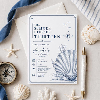 Editable Coastal Birthday Invitation Canva Template, Blue Girls Teens Beach Cute Fun DIY Chic Kids Party Invite, Printable Digital Download.
