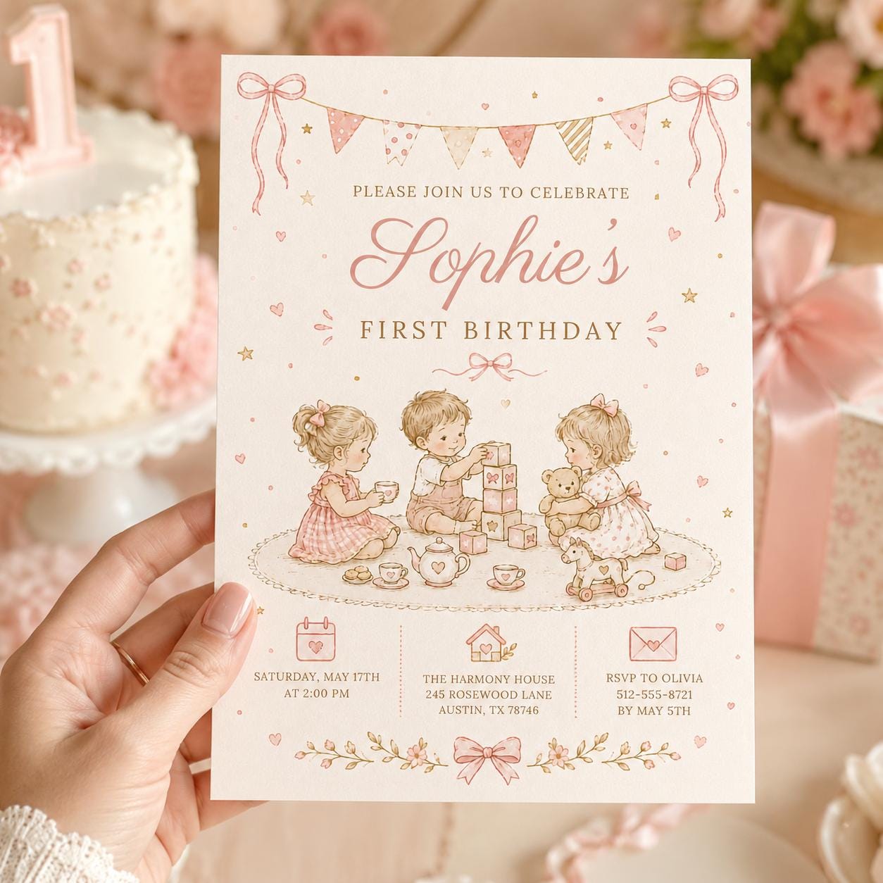 Editable Floral Birthday Invitation Canva Template, Pink Girls Floral Cute Fun DIY Sweet Chic Kids Party Invite, Printable Digital Download.