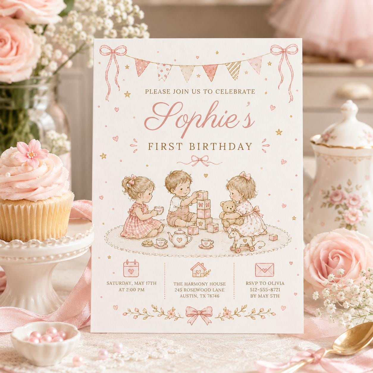 Editable Floral Birthday Invitation Canva Template, Pink Girls Floral Cute Fun DIY Sweet Chic Kids Party Invite, Printable Digital Download.