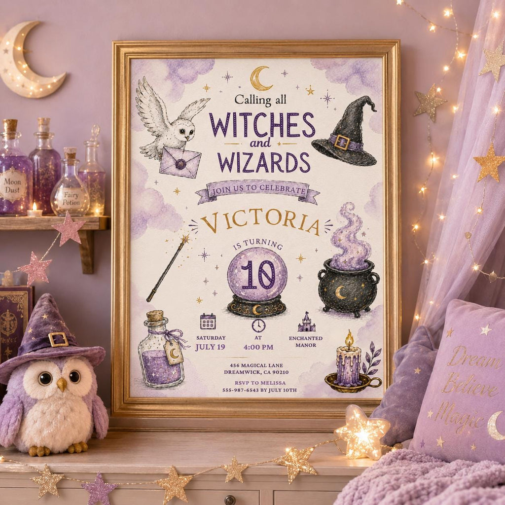 Editable Wizards Witches Birthday Invitation Canva Template, Cute Modern Fun Themed DIY Sweet Chic Party Invite, Printable Digital Download.