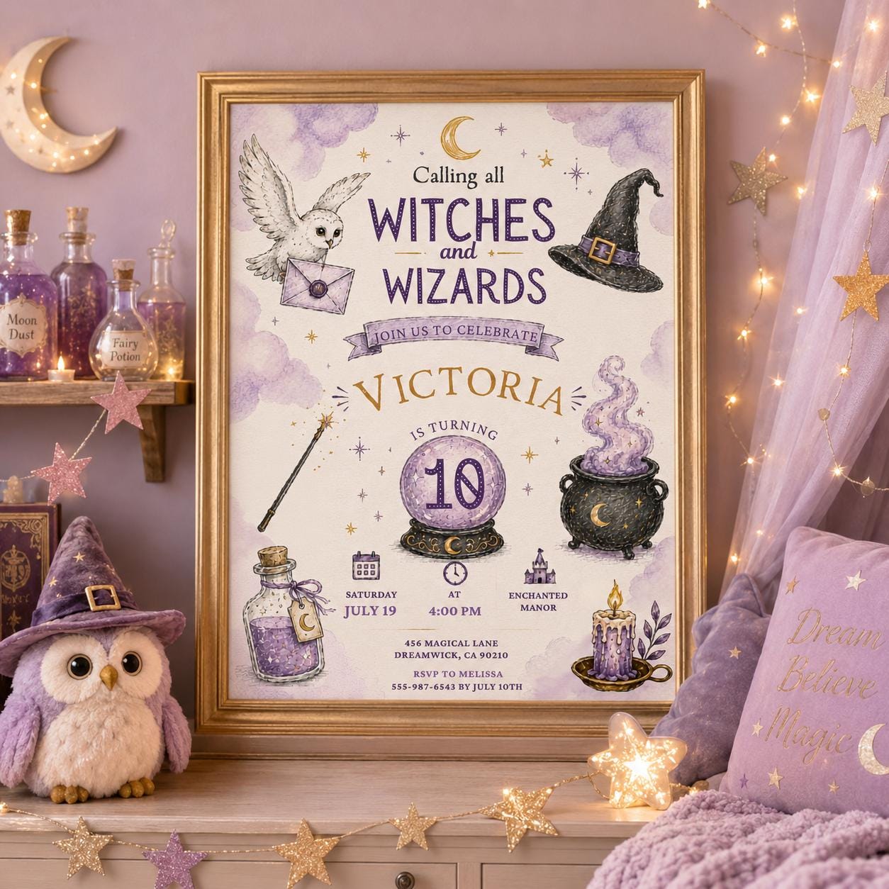 Editable Wizards Witches Birthday Invitation Canva Template, Cute Modern Fun Themed DIY Sweet Chic Party Invite, Printable Digital Download.