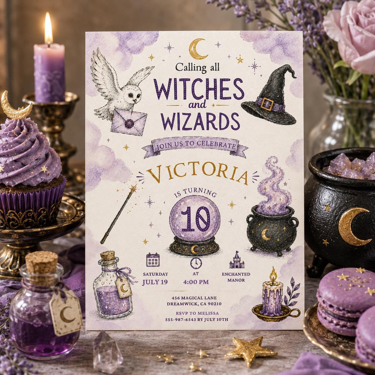 Editable Wizards Witches Birthday Invitation Canva Template, Cute Modern Fun Themed DIY Sweet Chic Party Invite, Printable Digital Download.