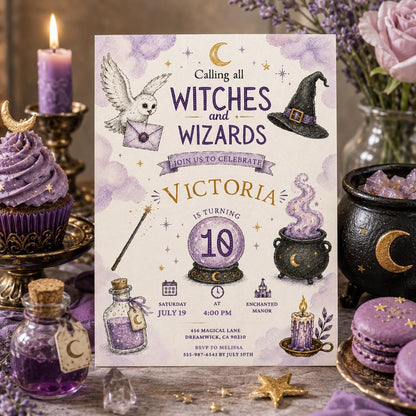 Editable Wizards Witches Birthday Invitation Canva Template, Cute Modern Fun Themed DIY Sweet Chic Party Invite, Printable Digital Download.
