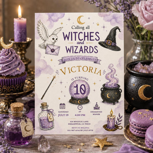 Editable Wizards Witches Birthday Invitation Canva Template, Cute Modern Fun Themed DIY Sweet Chic Party Invite, Printable Digital Download.