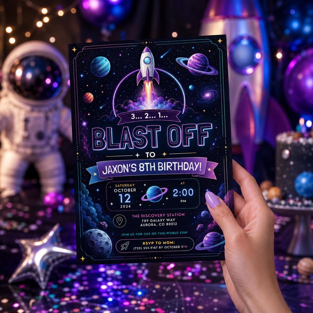 Editable Neon Glow Birthday Invitation Canva Template, Boys Neon Cute Fun DIY Sweet Chic Kids Teen Party Invite, Printable Digital Download.