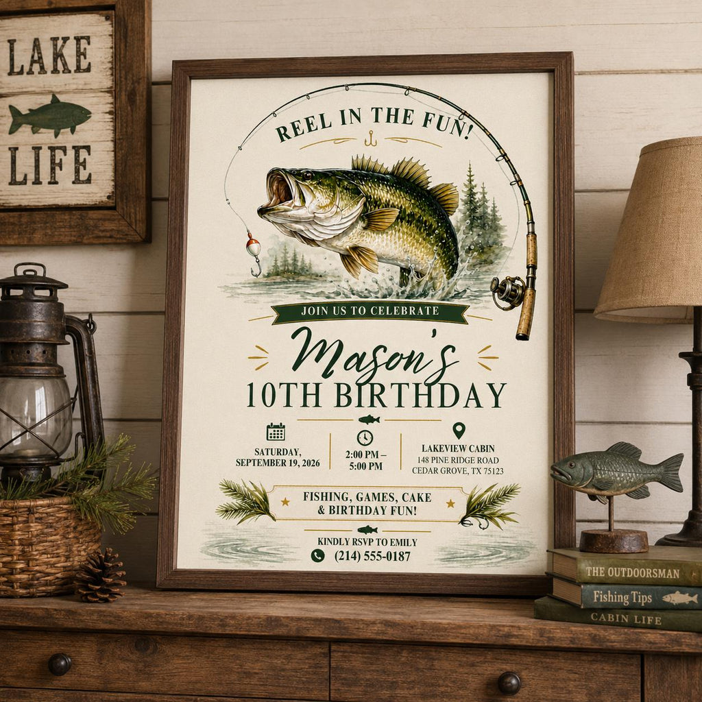 Editable Fishing Birthday Invitation Canva Template, Boys Kids Cute Modern Fun DIY Sweet Chic Teen Party Invite, Printable Digital Download.