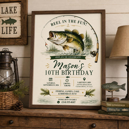 Editable Fishing Birthday Invitation Canva Template, Boys Kids Cute Modern Fun DIY Sweet Chic Teen Party Invite, Printable Digital Download.