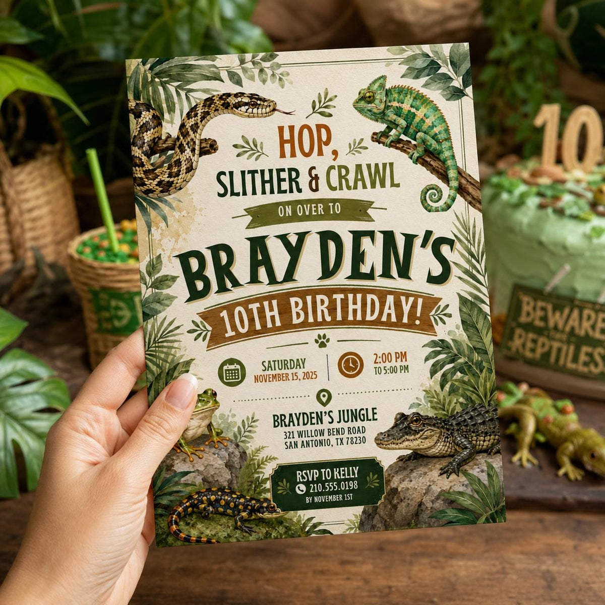 Editable Reptile Birthday Invitation Canva Template, Boys Cute Modern Fun DIY Sweet Chic Kids Teen Party Invite, Printable Digital Download.
