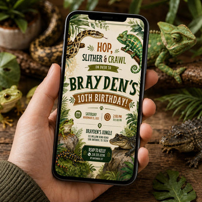 Editable Reptile Birthday Invitation Canva Template, Boys Cute Modern Fun DIY Sweet Chic Kids Teen Party Invite, Printable Digital Download.