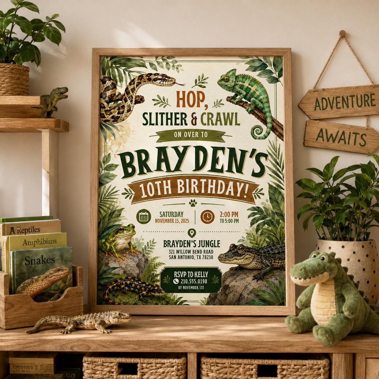 Editable Reptile Birthday Invitation Canva Template, Boys Cute Modern Fun DIY Sweet Chic Kids Teen Party Invite, Printable Digital Download.