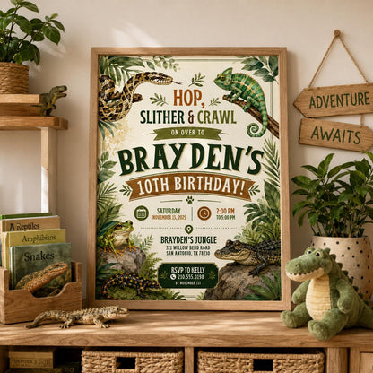 Editable Reptile Birthday Invitation Canva Template, Boys Cute Modern Fun DIY Sweet Chic Kids Teen Party Invite, Printable Digital Download.