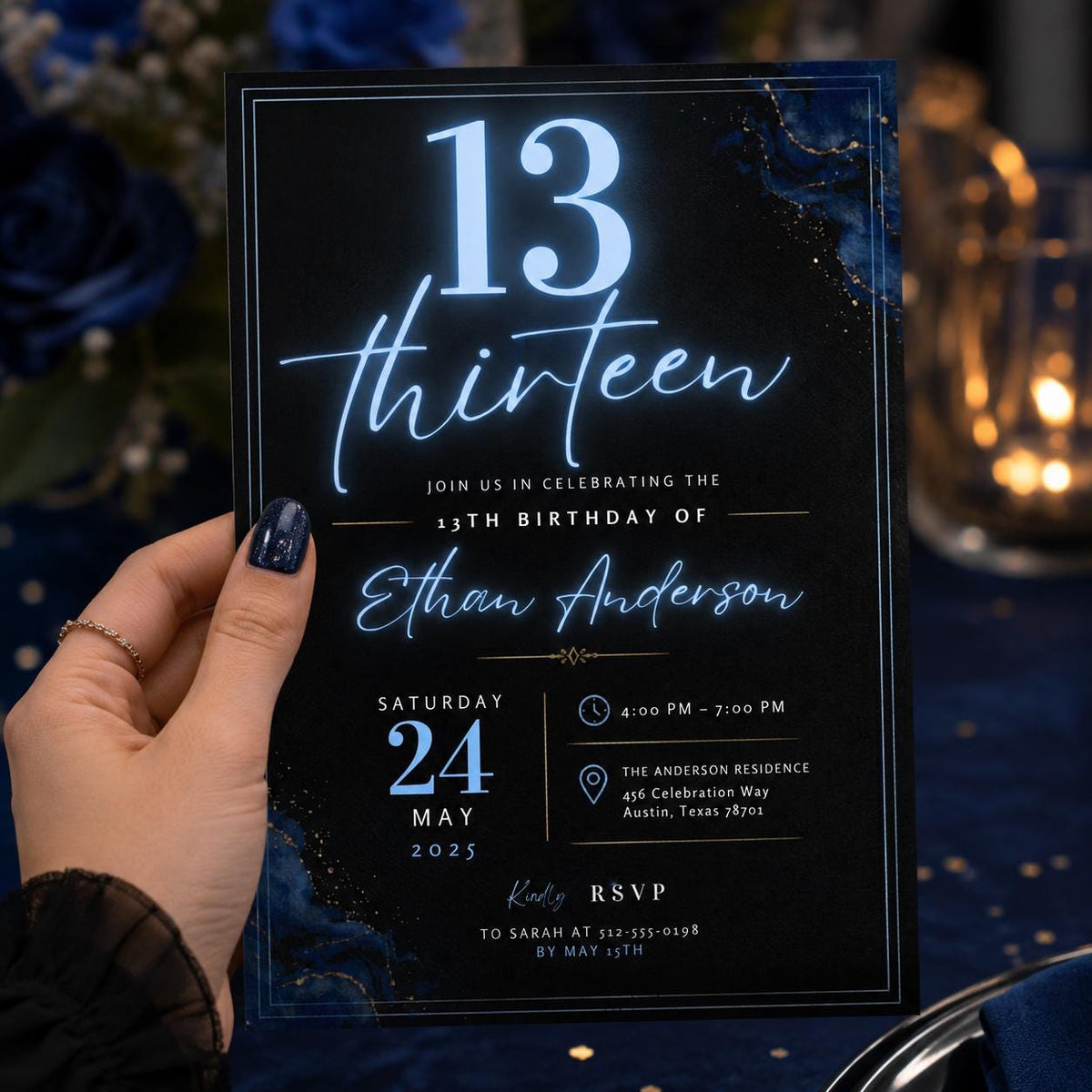 Editable Neon Glow Birthday Invitation Canva Template, Blue Boys Kids Teens Neon Cute Fun DIY Chic Party Invite, Printable Digital Download.