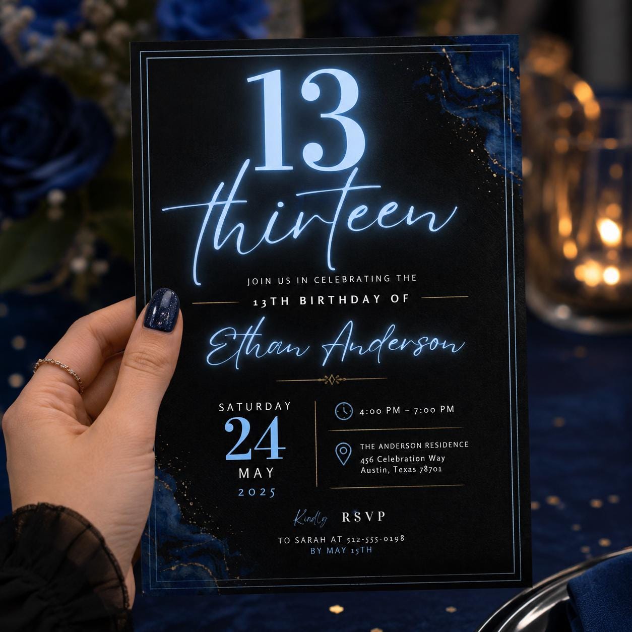 Editable Neon Glow Birthday Invitation Canva Template, Blue Boys Kids Teens Neon Cute Fun DIY Chic Party Invite, Printable Digital Download.
