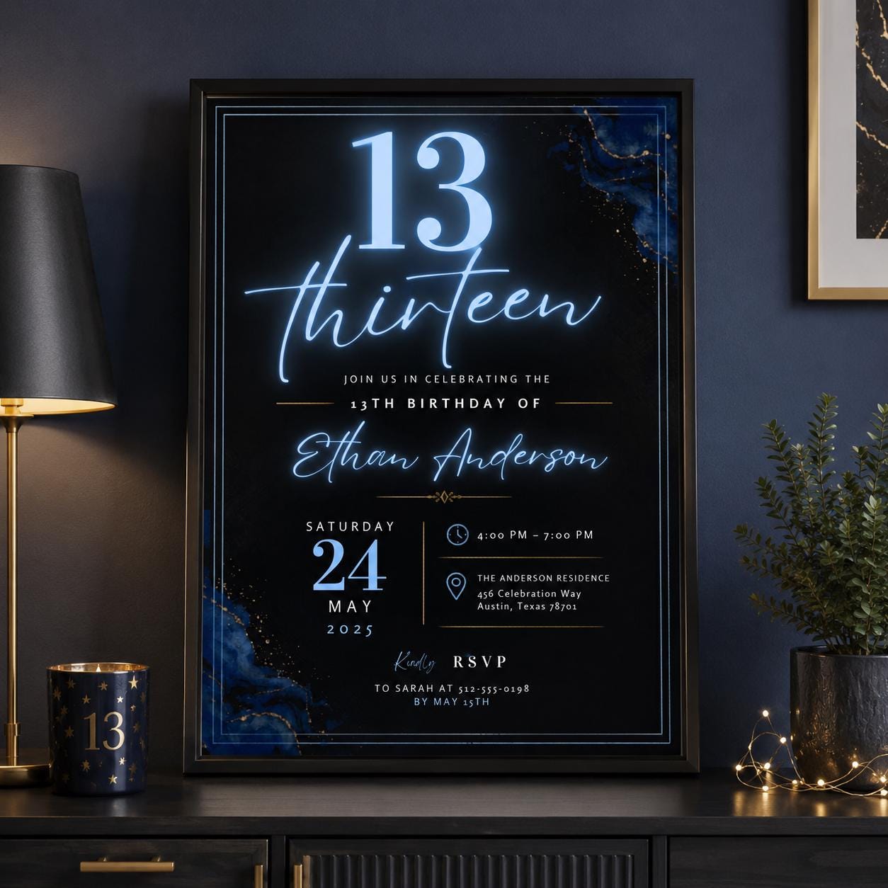 Editable Neon Glow Birthday Invitation Canva Template, Blue Boys Kids Teens Neon Cute Fun DIY Chic Party Invite, Printable Digital Download.
