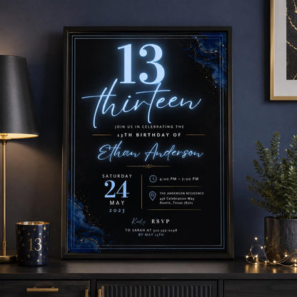 Editable Neon Glow Birthday Invitation Canva Template, Blue Boys Kids Teens Neon Cute Fun DIY Chic Party Invite, Printable Digital Download.