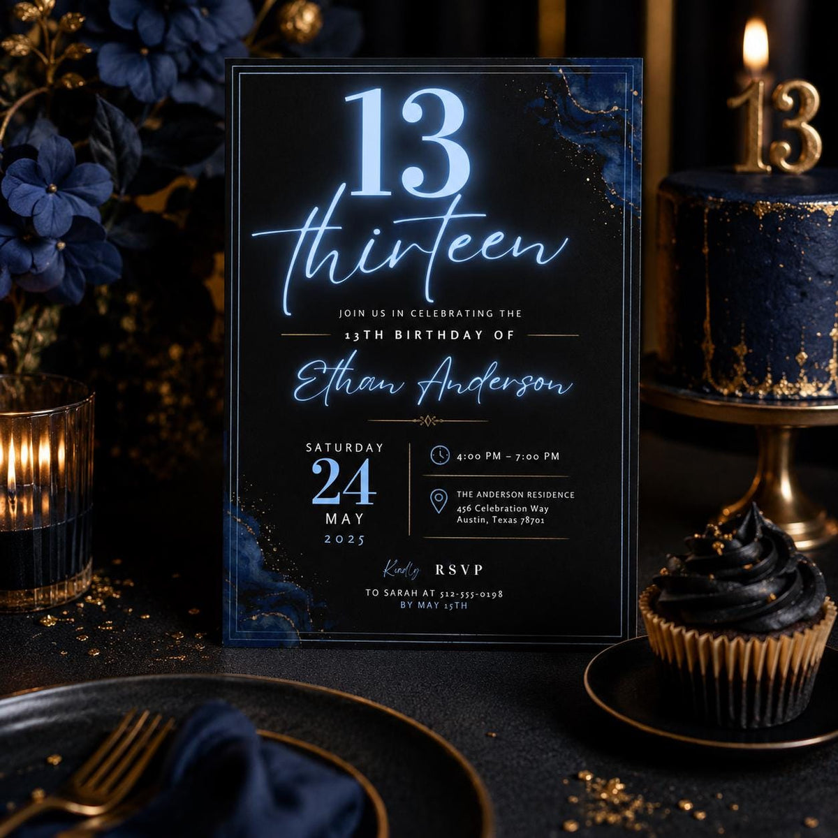 Editable Neon Glow Birthday Invitation Canva Template, Blue Boys Kids Teens Neon Cute Fun DIY Chic Party Invite, Printable Digital Download.