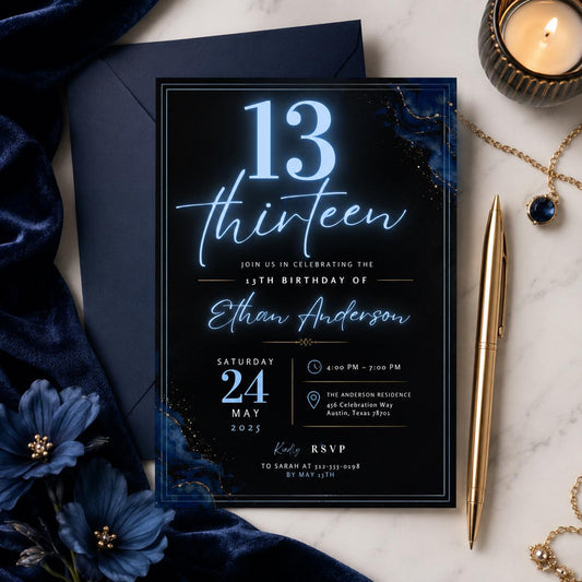 Editable Neon Glow Birthday Invitation Canva Template, Blue Boys Kids Teens Neon Cute Fun DIY Chic Party Invite, Printable Digital Download.