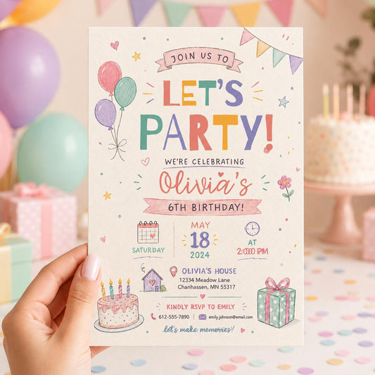 Editable Let Birthday Invitation Canva Template, Pastel Preppy Girls Cute Modern Fun DIY Chic Kids Party Invite, Printable Digital Download.