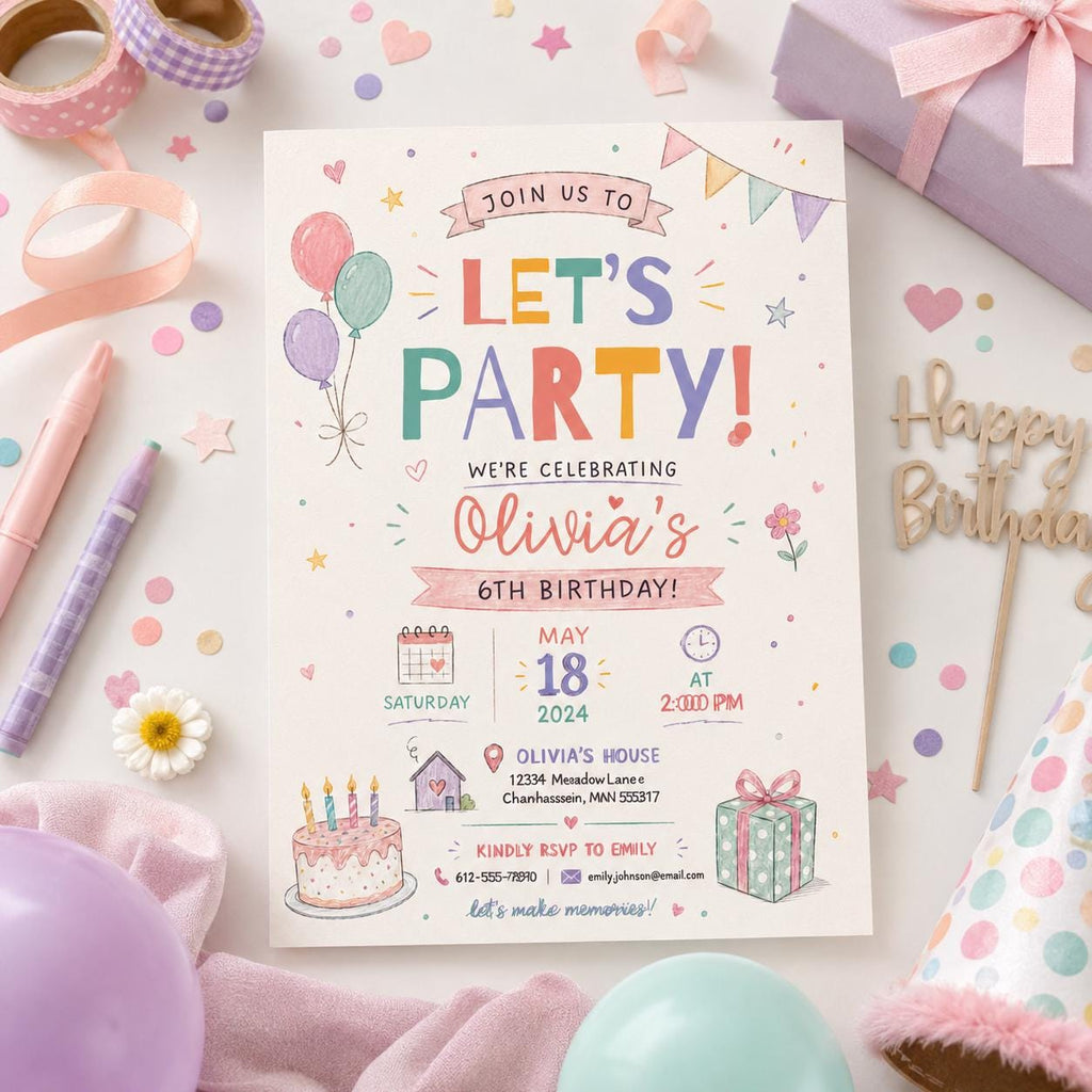 Editable Let Birthday Invitation Canva Template, Pastel Preppy Girls Cute Modern Fun DIY Chic Kids Party Invite, Printable Digital Download.