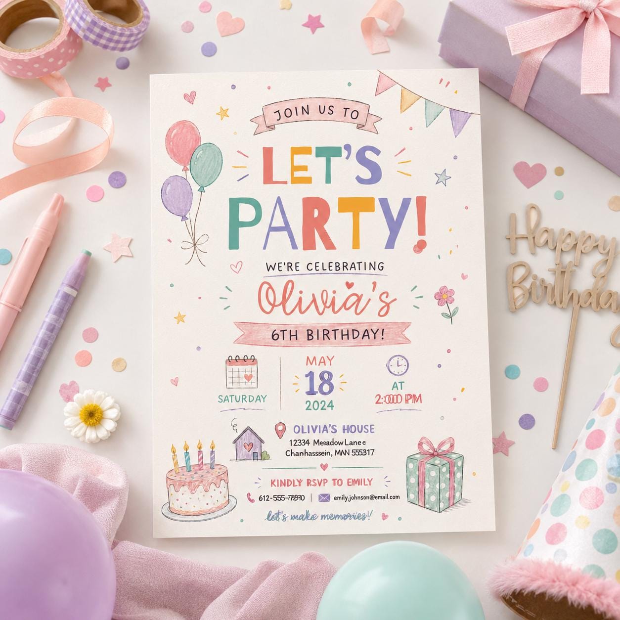 Editable Let Birthday Invitation Canva Template, Pastel Preppy Girls Cute Modern Fun DIY Chic Kids Party Invite, Printable Digital Download.