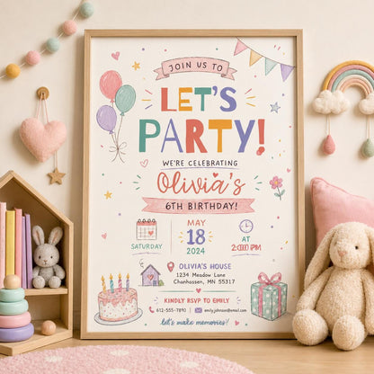 Editable Let Birthday Invitation Canva Template, Pastel Preppy Girls Cute Modern Fun DIY Chic Kids Party Invite, Printable Digital Download.