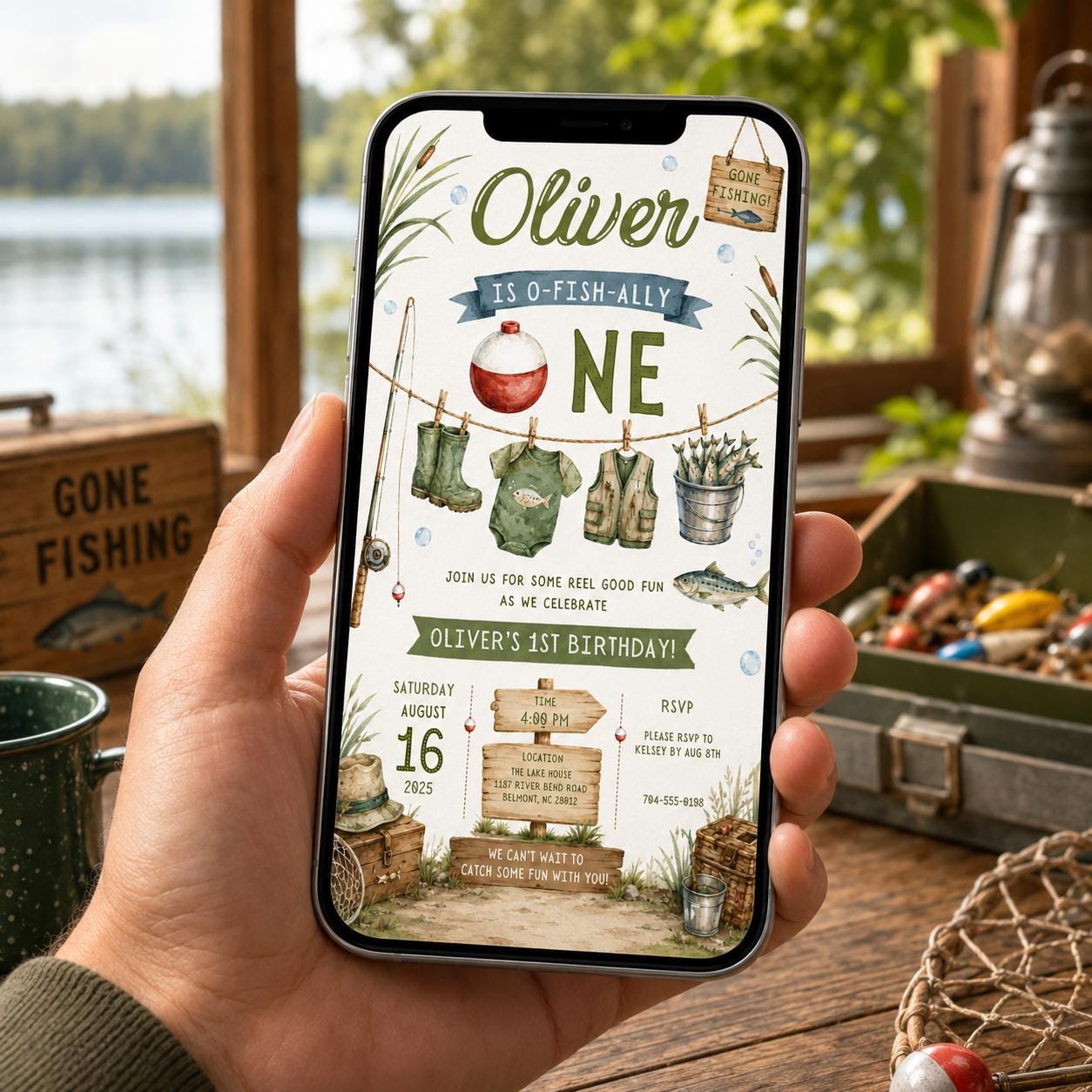 Editable Fishing Birthday Invitation Canva Template, Boys Kids Cute Modern Fun DIY Sweet Chic Teen Party Invite, Printable Digital Download.