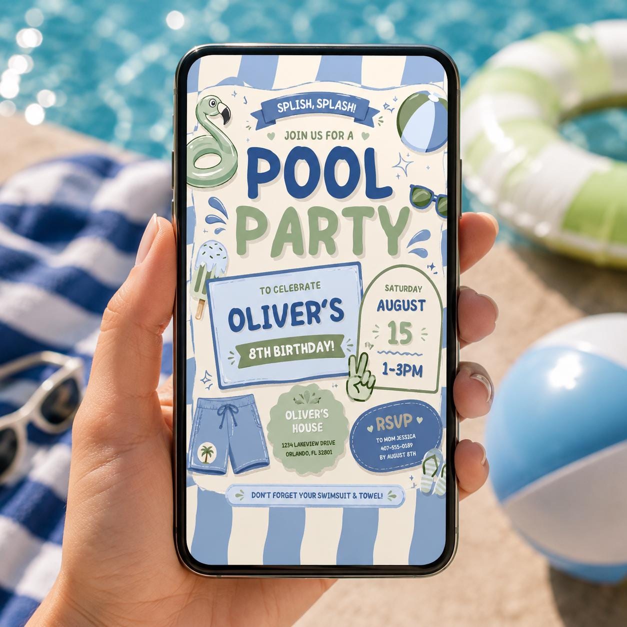 Editable Pool Birthday Invitation Canva Template, Blue Green Boys Kids Pool Cute Fun DIY Chic Teen Party Invite, Printable Digital Download.