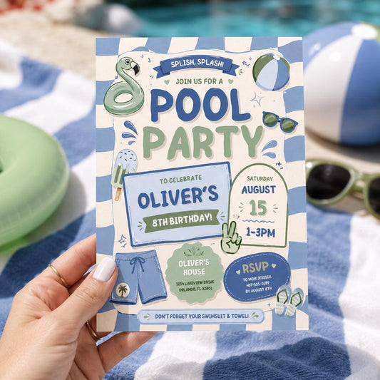 Editable Pool Birthday Invitation Canva Template, Blue Green Boys Kids Pool Cute Fun DIY Chic Teen Party Invite, Printable Digital Download.