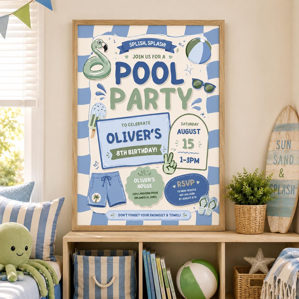 Editable Pool Birthday Invitation Canva Template, Blue Green Boys Kids Pool Cute Fun DIY Chic Teen Party Invite, Printable Digital Download.