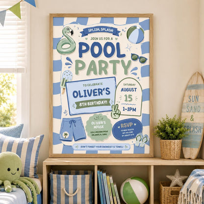 Editable Pool Birthday Invitation Canva Template, Blue Green Boys Kids Pool Cute Fun DIY Chic Teen Party Invite, Printable Digital Download.