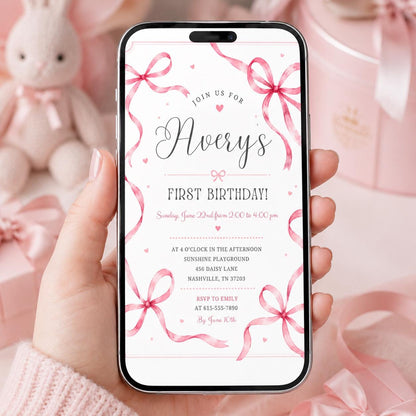 Editable Pink Bow Birthday Invitation Canva Template, Preppy Girls Kids Bow Cute Fun DIY Chic Teen Party Invite, Printable Digital Download.