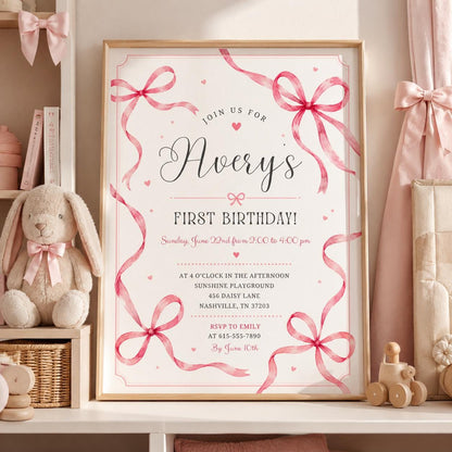 Editable Pink Bow Birthday Invitation Canva Template, Preppy Girls Kids Bow Cute Fun DIY Chic Teen Party Invite, Printable Digital Download.