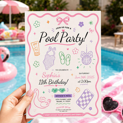 Editable Summer Pool Party Birthday Invitation Canva Template, Cute Pastel Girls Teen Swim Party Invite, Any Age Printable Digital Download.